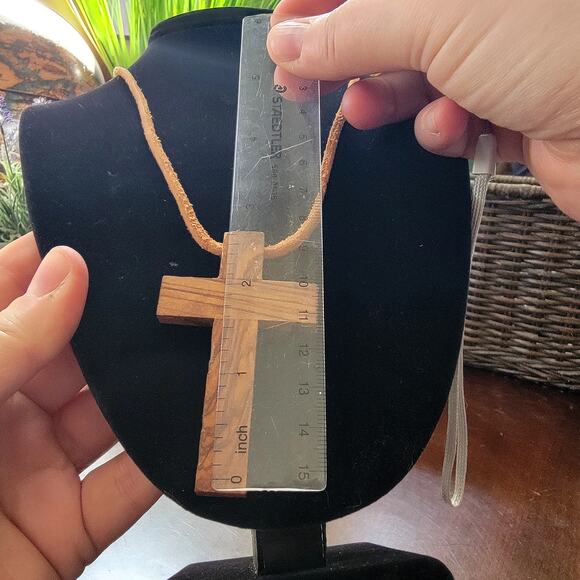 Rustic Vintage Wooden Cross Necklace with Leather Cord & Christian Style Pendant - Picture 3 of 10